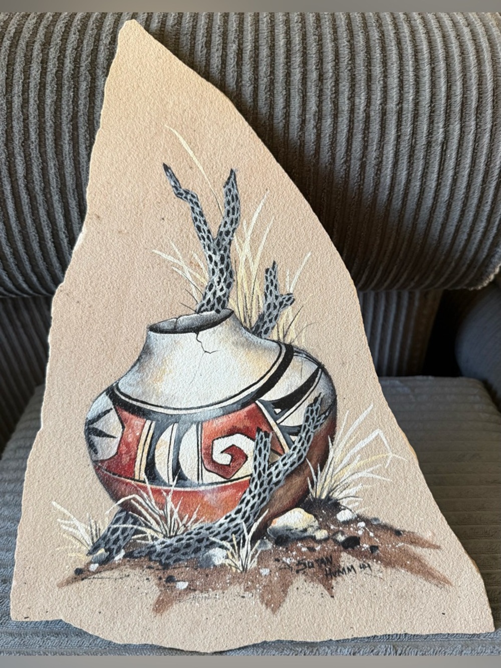 Southwestern Red Black Pottery Wall Sandstone Sand Art Signed Sutan Hemm 94 VTG